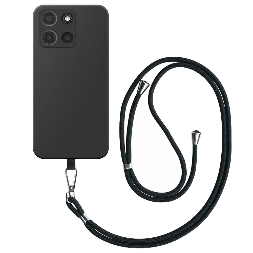Geschikt voor Motorola Moto G15
  Telefoonhoesje met Afneembaar Zwart Koord - Flexible Back Cover Case
  Siliconen TPU with Black Lanyard - Zwart - Smartphonica