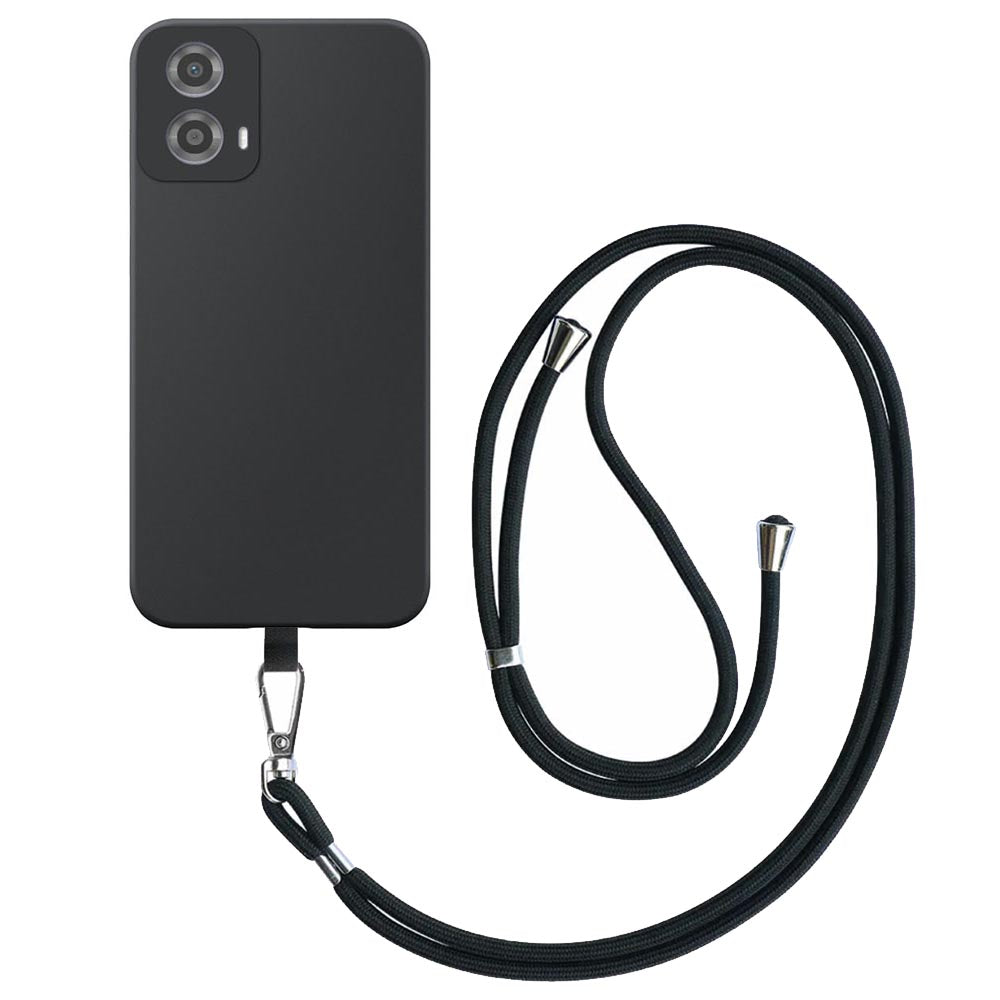 Geschikt voor Motorola Moto G34 / G45
  Telefoonhoesje met Afneembaar Zwart Koord - Flexible Back Cover Case
  Siliconen TPU with Black Lanyard - Zwart - Smartphonica