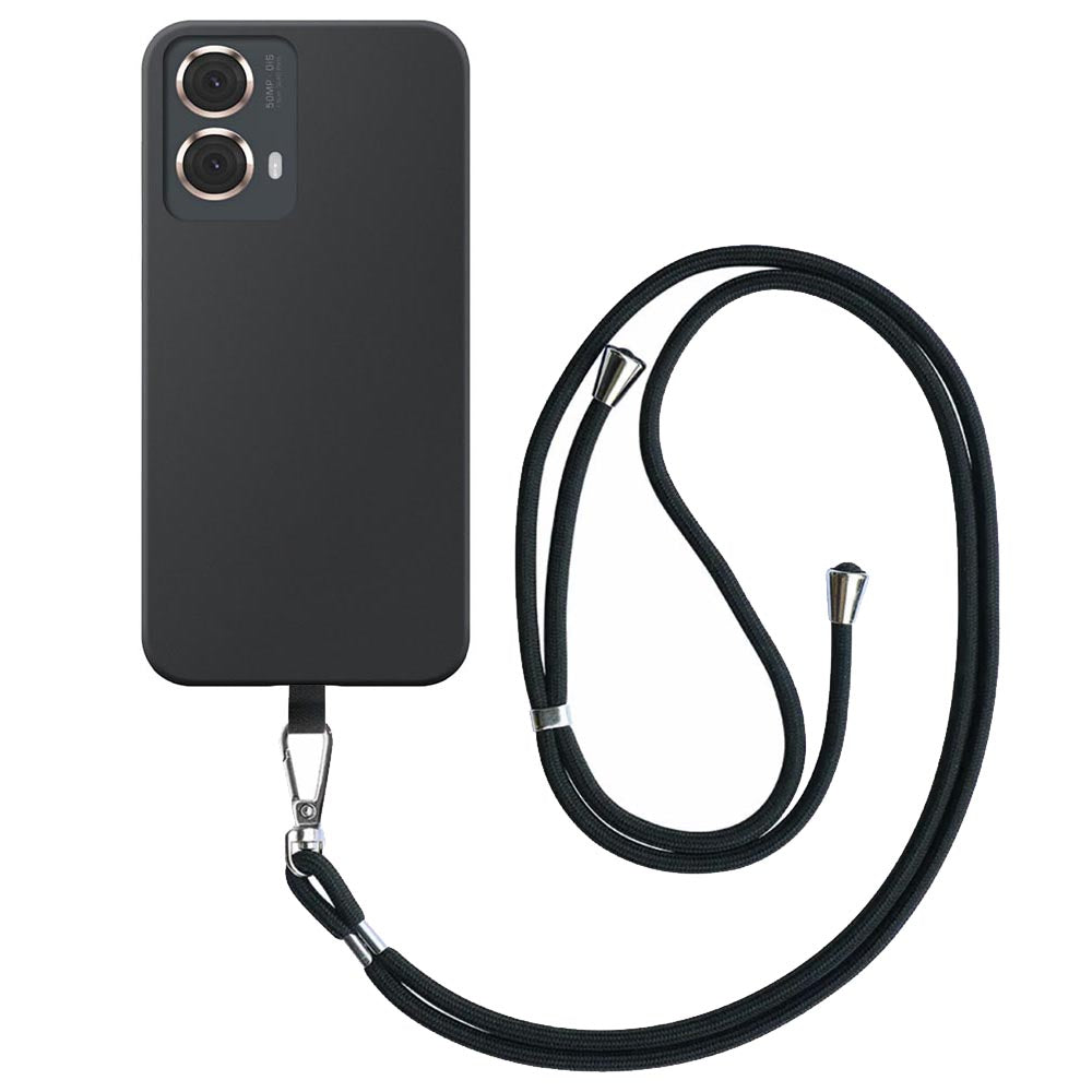 Geschikt voor Motorola Moto G35
  Telefoonhoesje met Afneembaar Zwart Koord - Flexible Back Cover Case
  Siliconen TPU with Black Lanyard - Zwart - Smartphonica