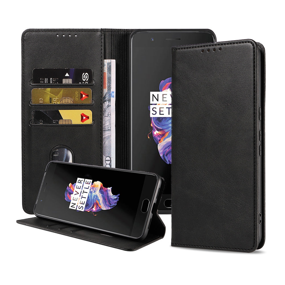 Telefoonhoesje geschikt voor OnePlus 5
  kunstleren Hoesje met Magnetische sluiting en Pasjeshouders Book Case met
  Klepje - Zwart
