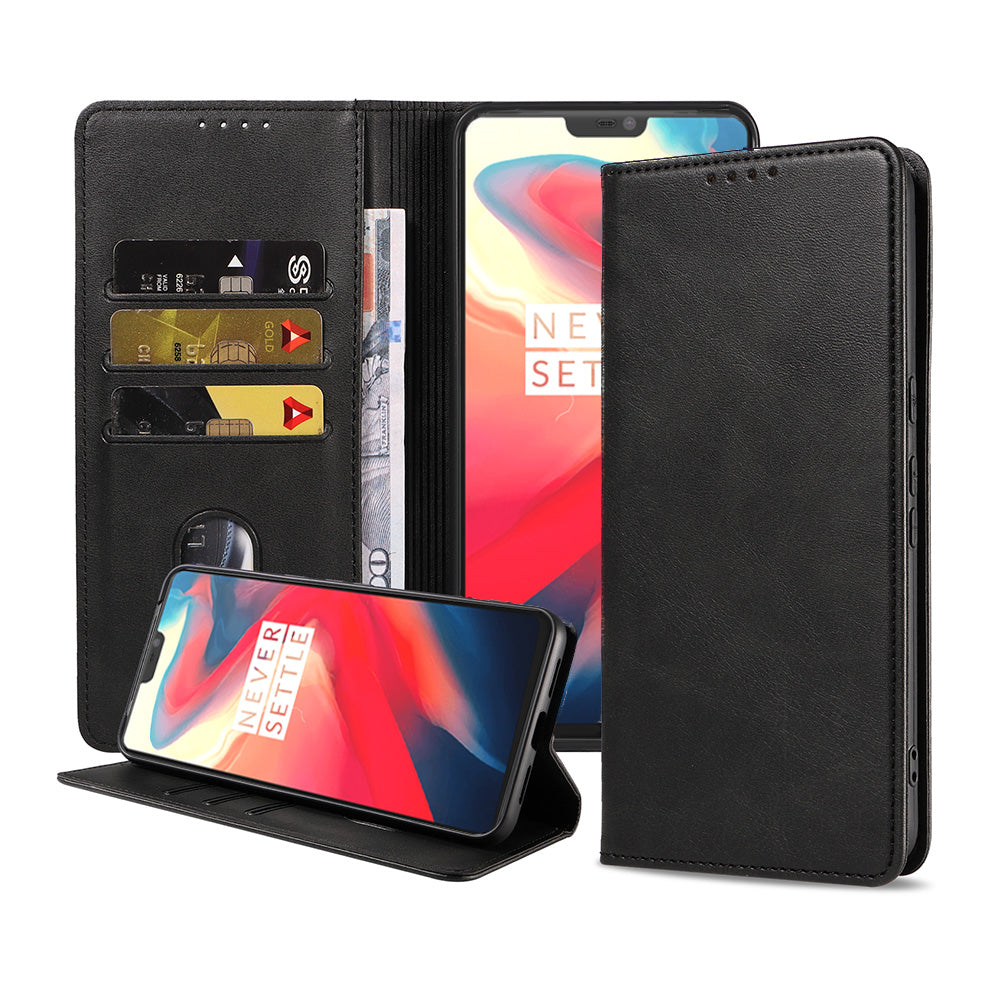 Telefoonhoesje geschikt voor OnePlus 6
  kunstleren Hoesje met Magnetische sluiting en Pasjeshouders Book Case met
  Klepje - Zwart