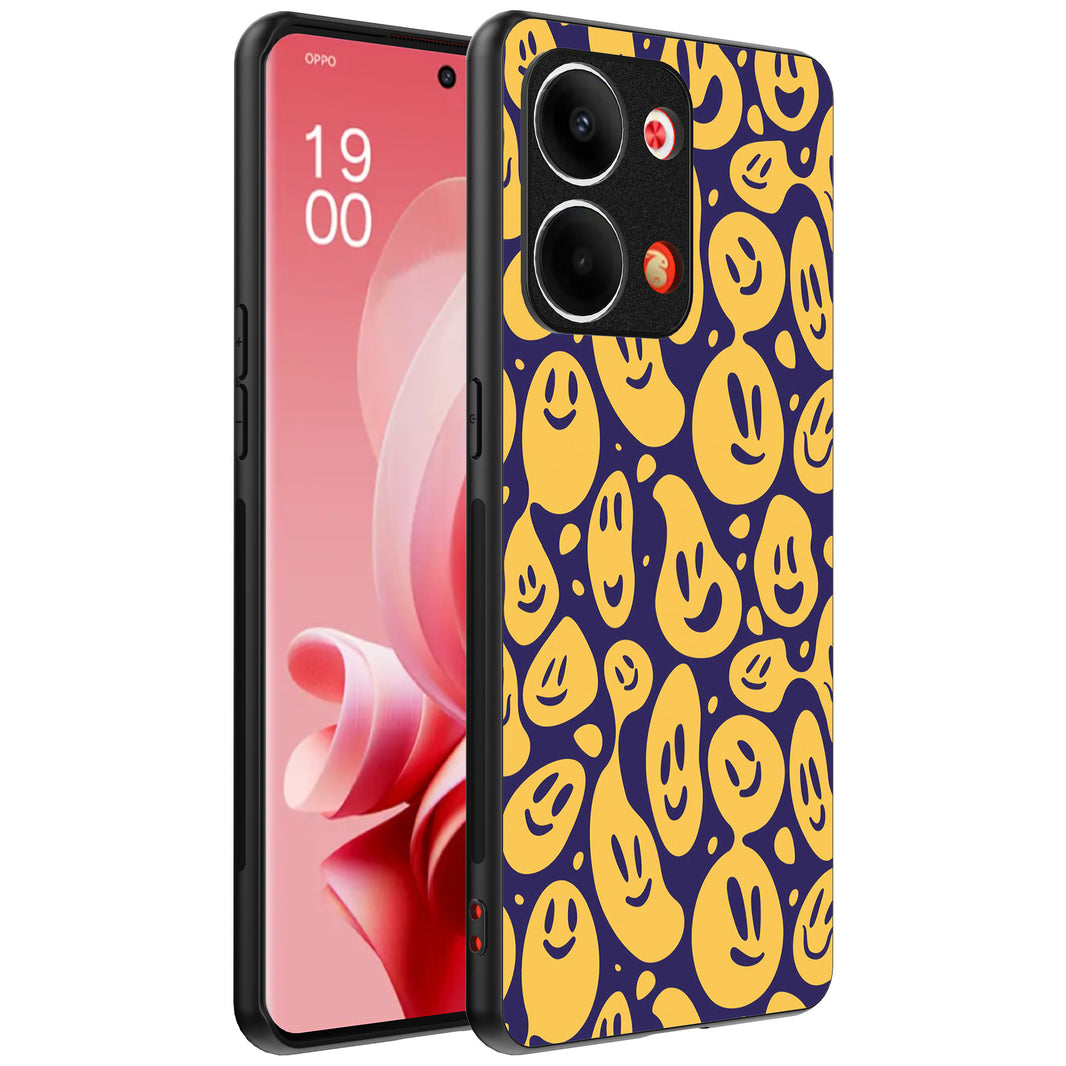 Telefoonhoesje Geschikt voor Oppo Reno 9 / 9 Pro met smiley
  opdruk - TPU backcover case emoji design - Paars Geel