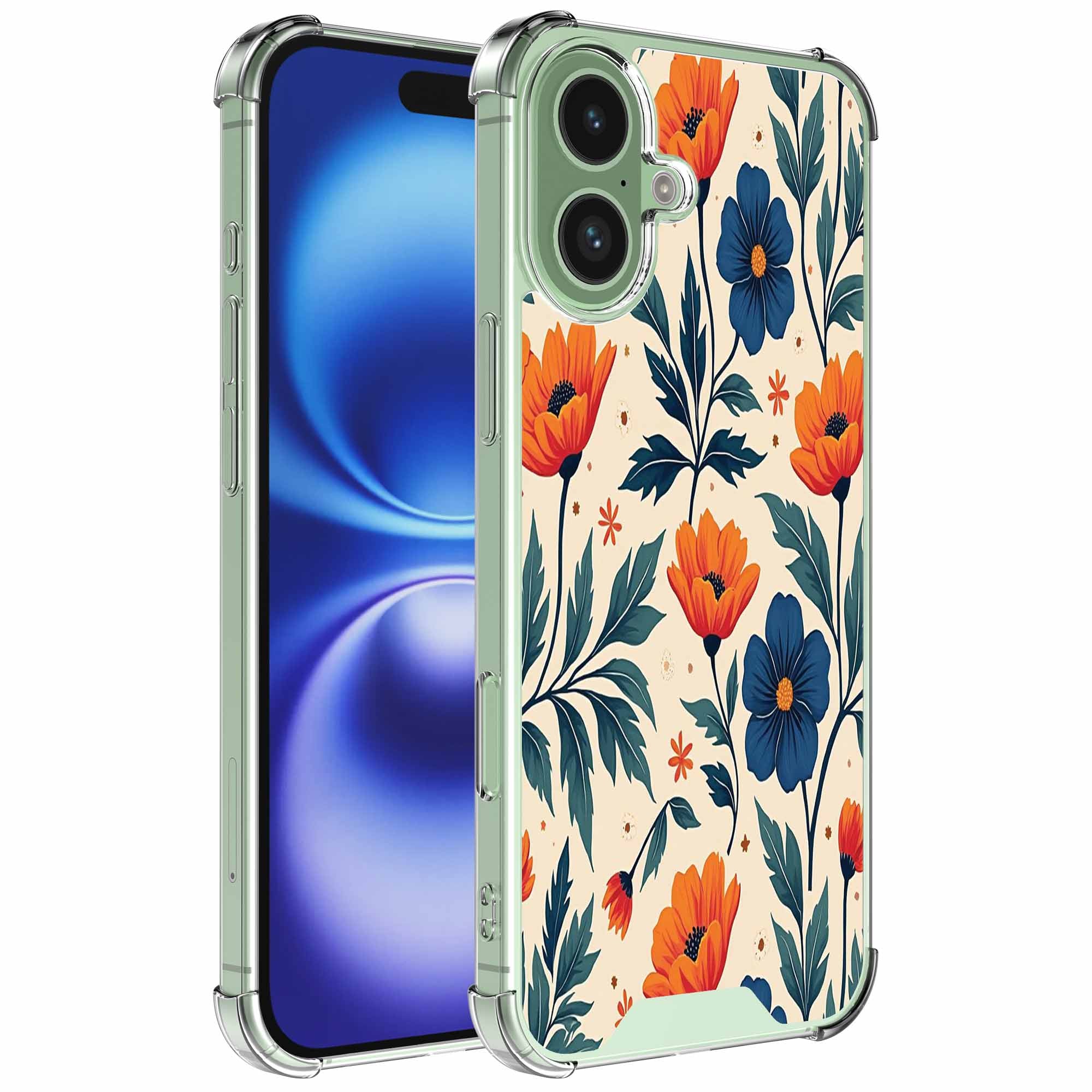Geschikt voor iPhone 16 Telefoonhoesje
  met Rode en Blauwe Bloemen opdruk - Draadloos op te laden - Shockproof
  Siliconen TPU Strong Case - Sterk Schokbestendig Telefoonhoesje
