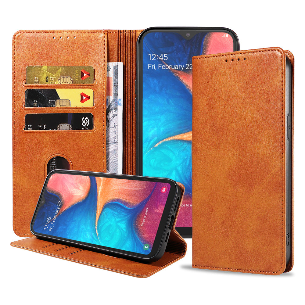 Samsung Galaxy A20E leren hoesje met  magnetische sluiting en pashouders – Bruin