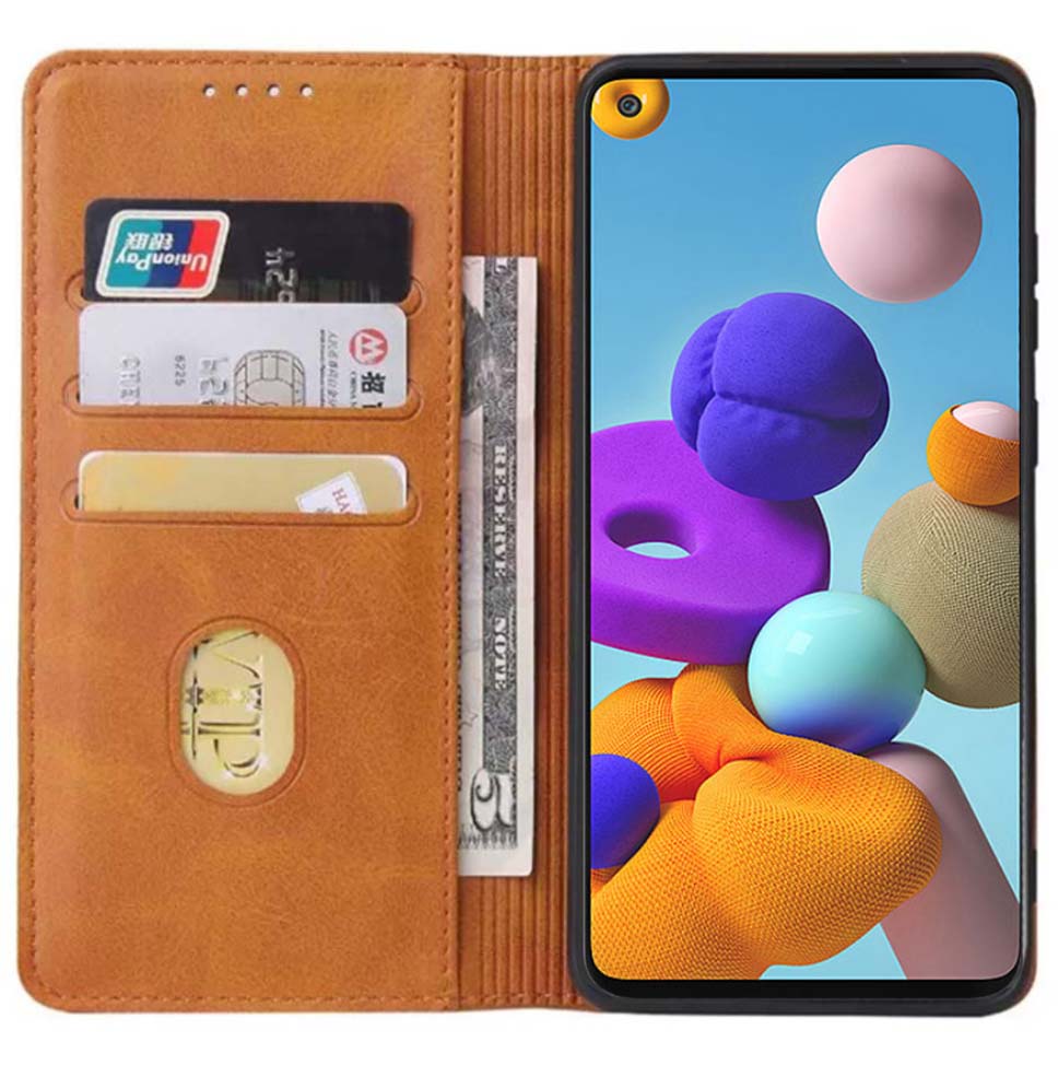 Samsung Galaxy A21 kunstleren hoesje met  magnetische sluiting en pashouders book case - Bruin