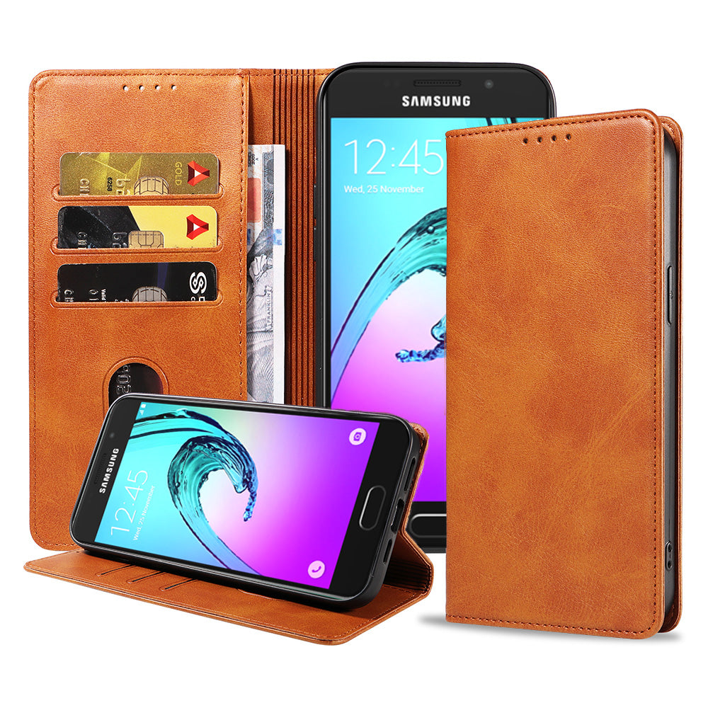Samsung  Galaxy A3 2016 leren hoesje met magnetische sluiting en pashouders book case  – Bruin