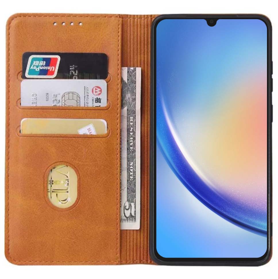 Samsung Galaxy A34 5G kunstleren hoesje met  magnetische sluiting en pashouders book case - Bruin