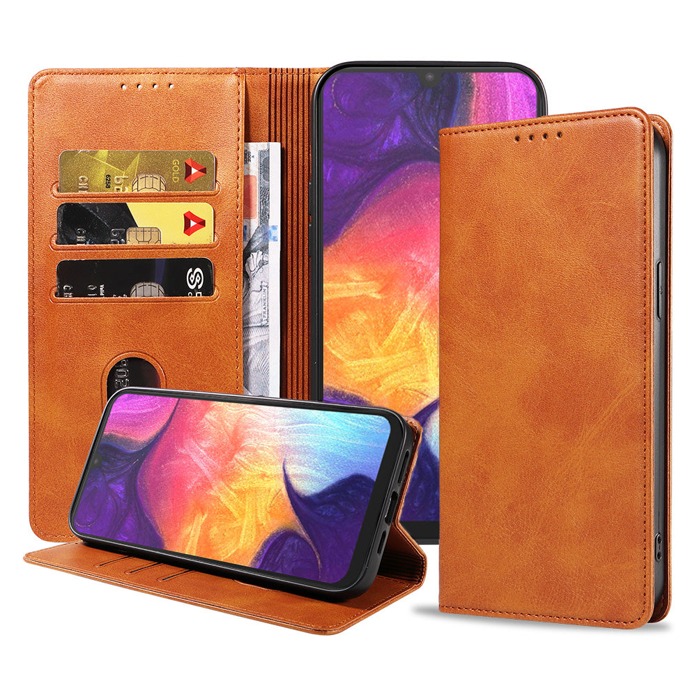 Samsung Galaxy A50 leren hoesje met  magnetische sluiting en pashouders – Bruin