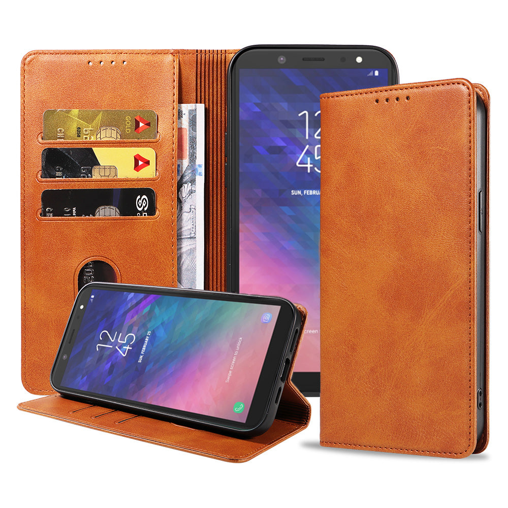 Samsung Galaxy A6 2018 leren  hoesje met magnetische sluiting en pashouders book case – Bruin