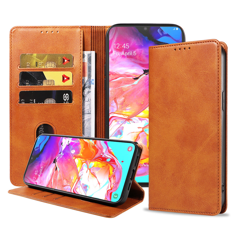 Samsung Galaxy A70s leren hoesje met  magnetische sluiting en pashouders – Bruin