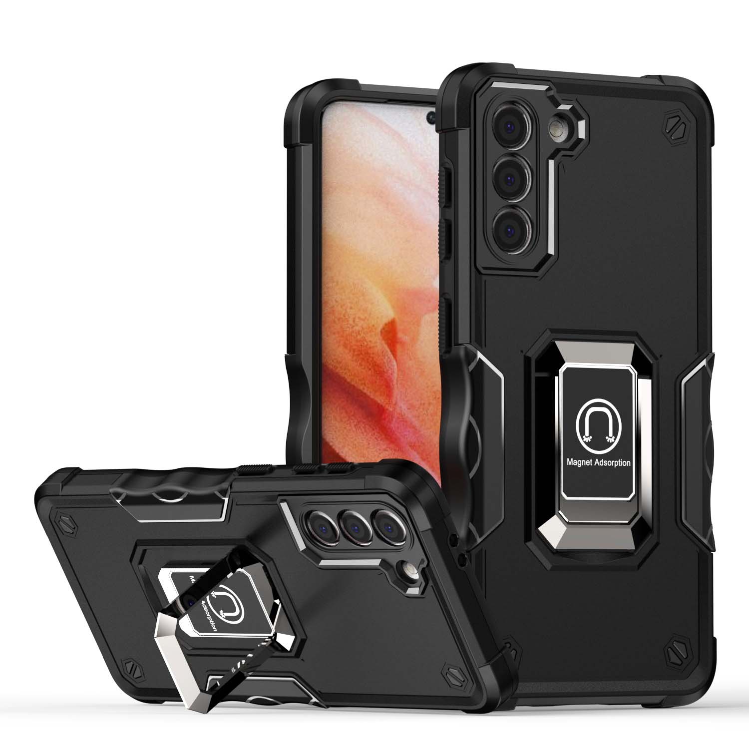 Rugged Armour case voor Samsung Galaxy
  S21 Plus met verstelbare ringhouder - Zwart