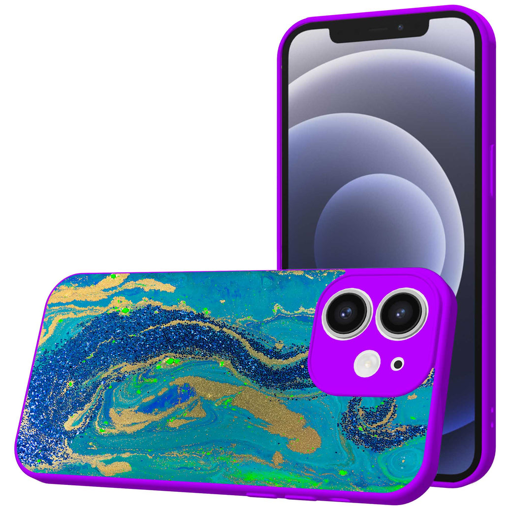 Telefoonhoesje Geschikt voor iPhone 12 met Blauw Goud Marmer opdruk - TPU Back Cover Case Blue Gold Marble
  Design - Paars