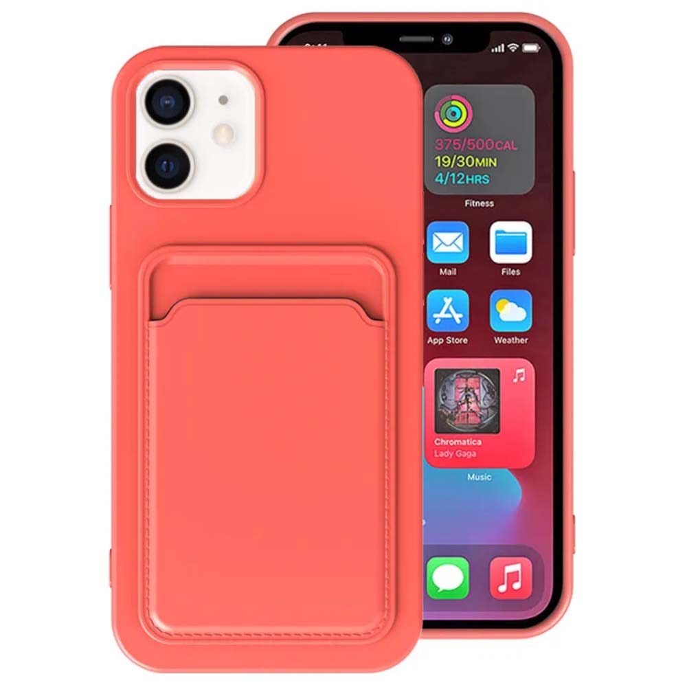 iPhone 12/12 Pro siliconen hoesje met
  pashouder - Roze Rood