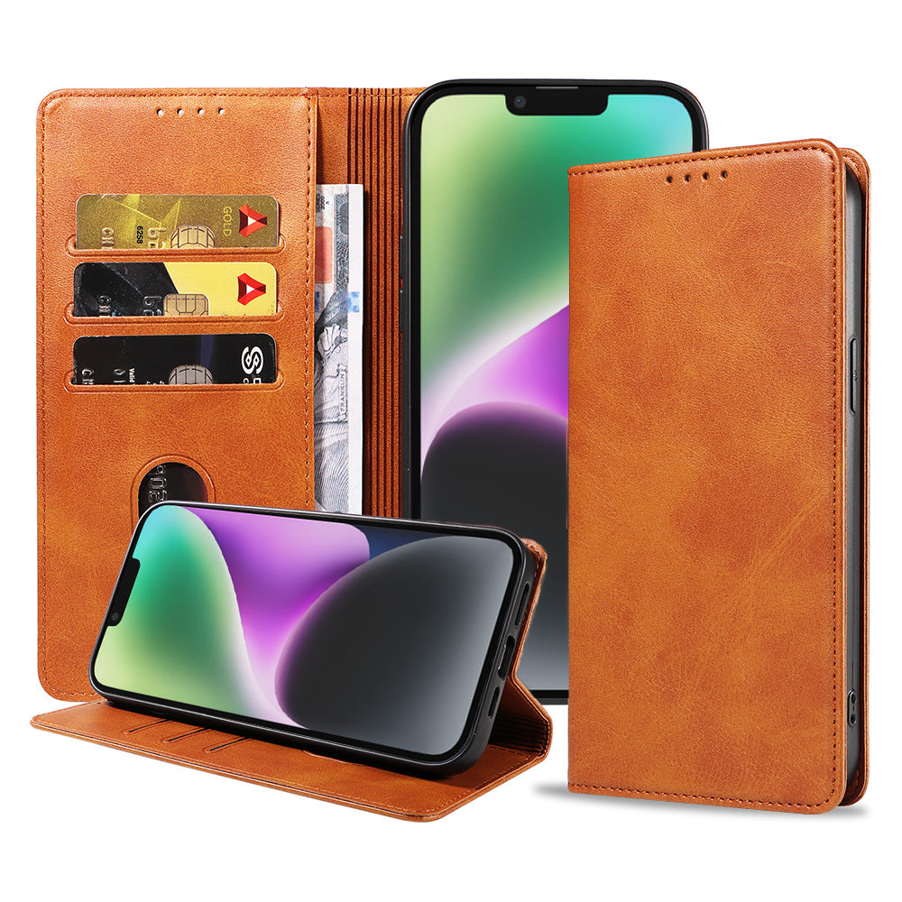 iPhone 14 Plus kunstleren hoesje met
  magnetische sluiting en pashouders book case - Bruin