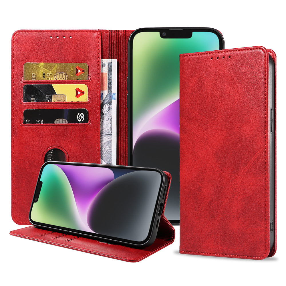 iPhone 14 Plus kunstleren hoesje met  magnetische sluiting en pashouders book case - Rood