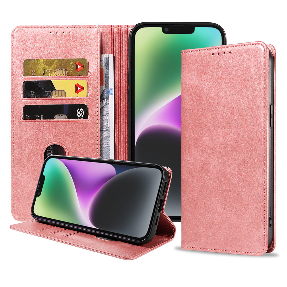 iPhone 14 Plus kunstleren hoesje met  magnetische sluiting en pashouders book case - Roze