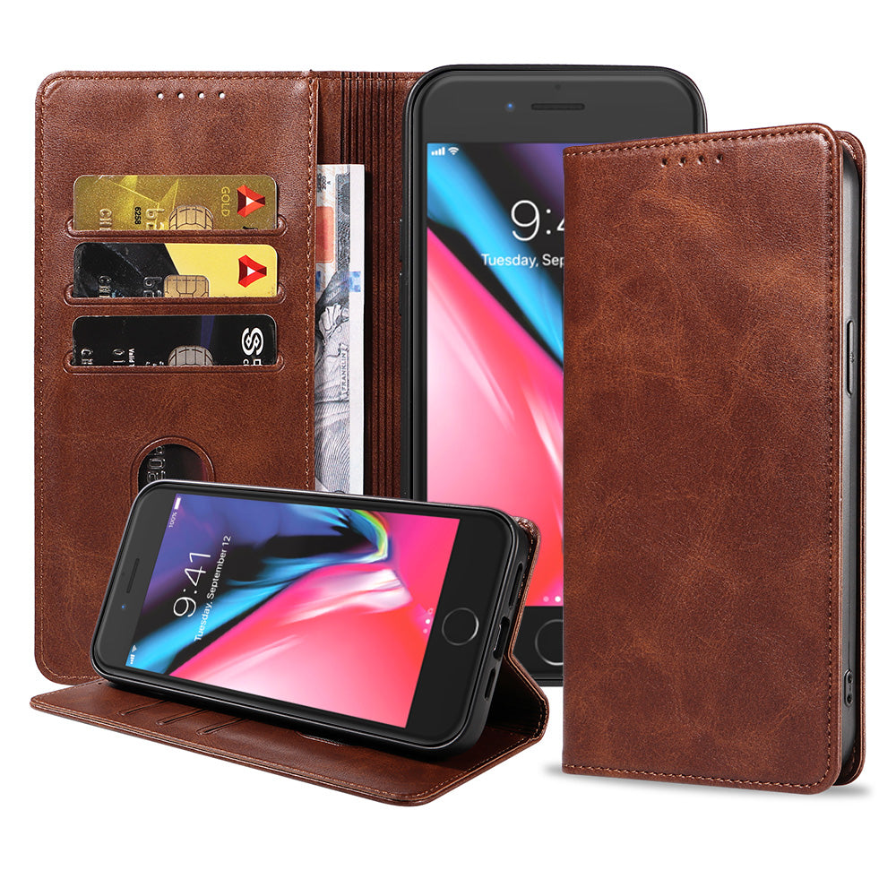 iPhone 7/8 leren hoesje met magnetische sluiting - Donkerbruin
