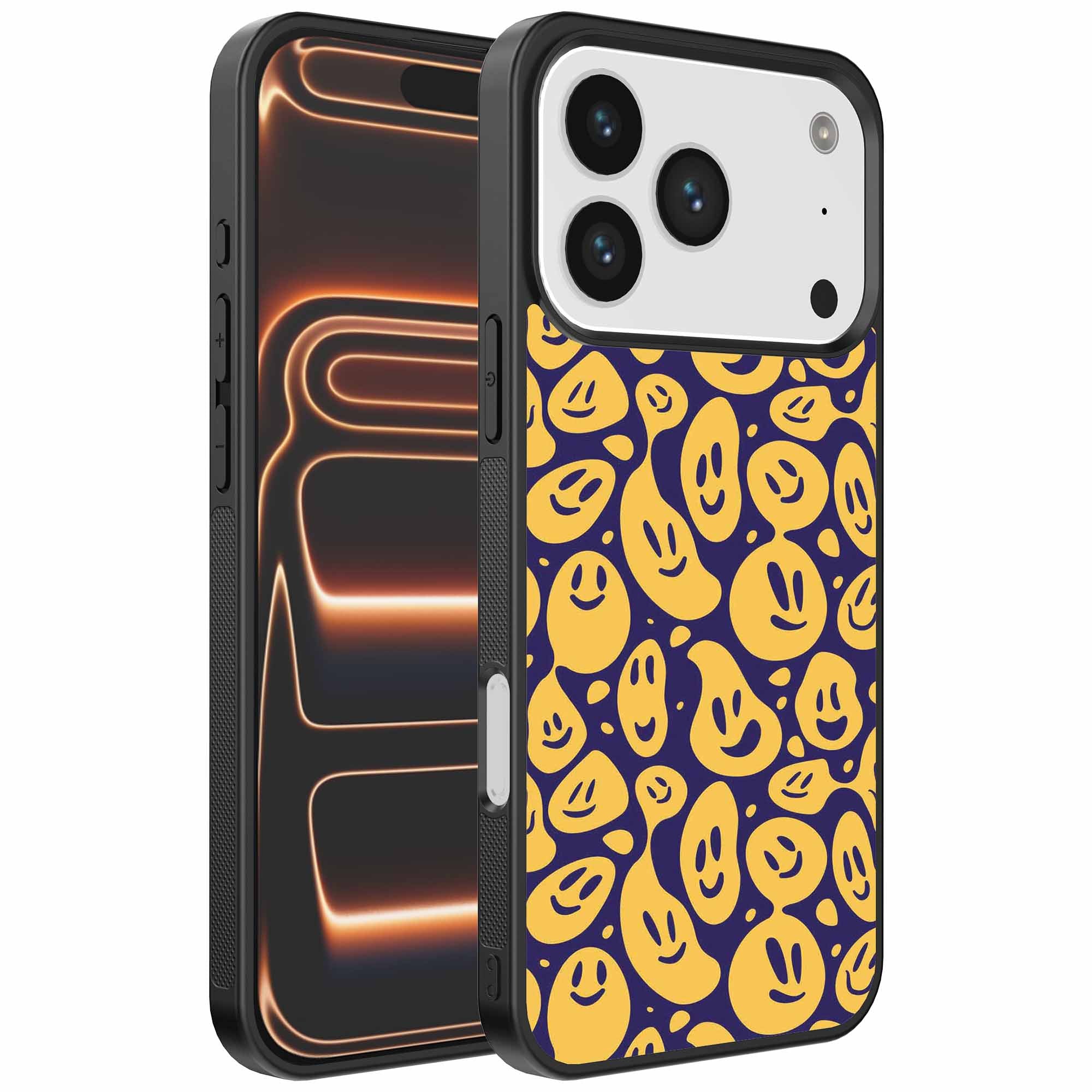 Geschikt voor
  iPhone 17 Pro Max Telefoonhoesje met smiley opdruk - TPU backcover case emoji
  design - Paars Geel - Smartphonica
