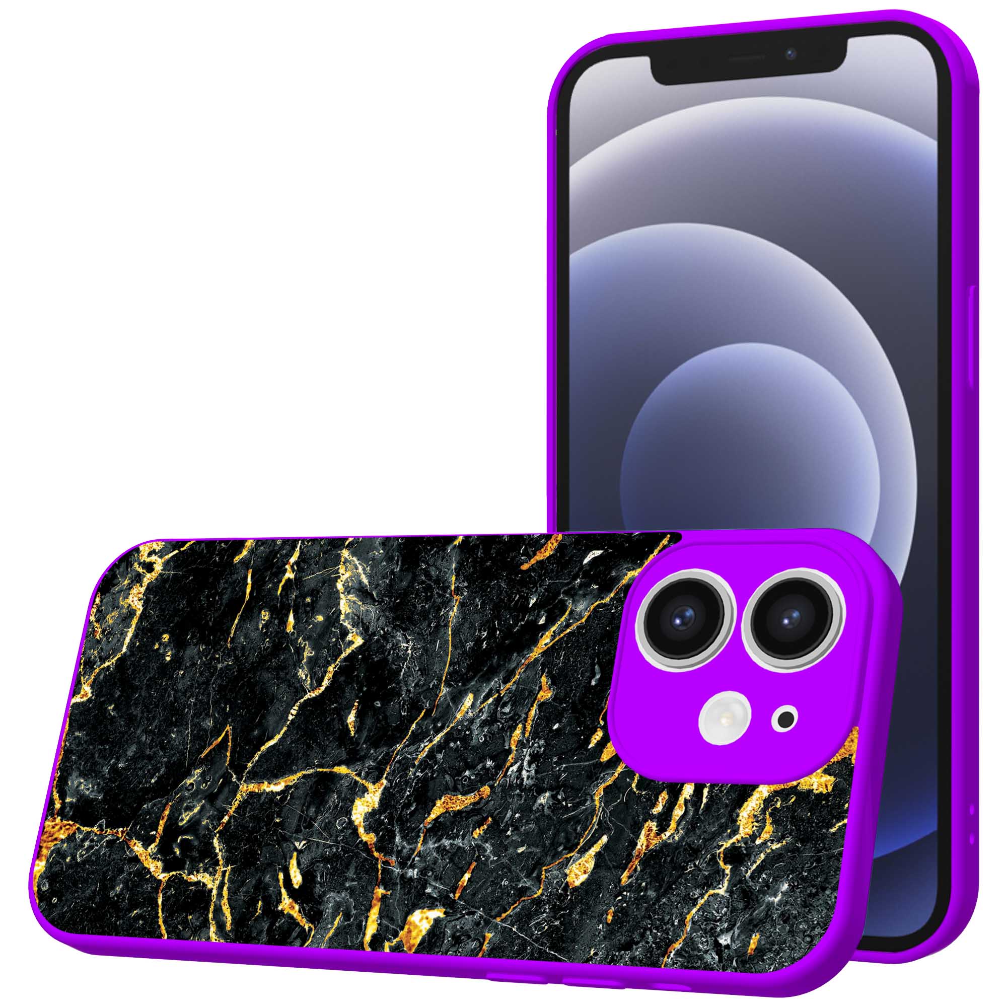 Telefoonhoesje Geschikt voor iPhone 12 met Zwart Goud Marmer opdruk - TPU Back Cover Case Black Gold Marble
  Design - Paars